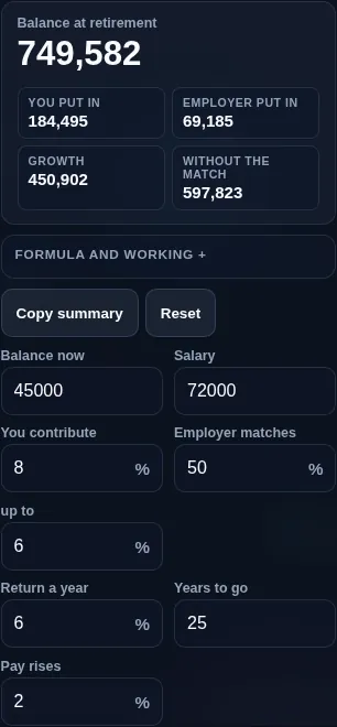 401k calculator running in a phone browser with the match fields paired