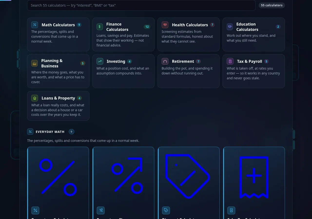 Grid of calculators grouped by category.