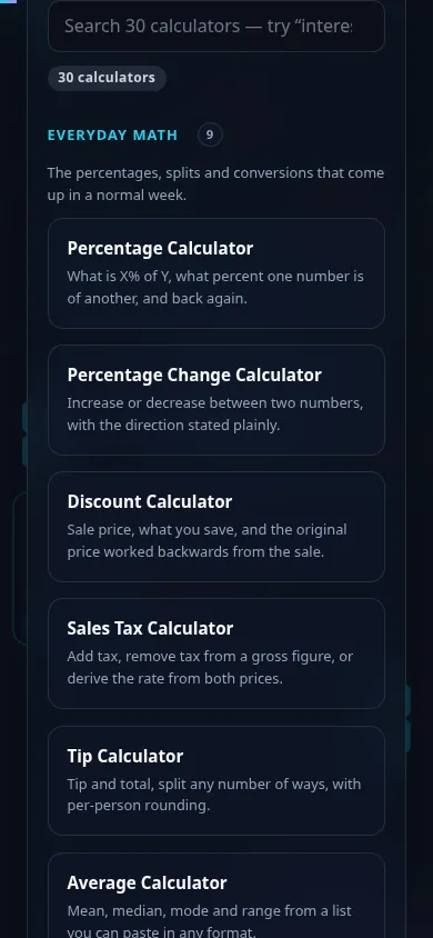 The calculator tools hub rendered on a mobile screen