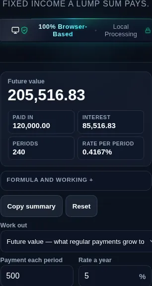 Annuity calculator running in a phone browser with the frequency and timing controls stacked
