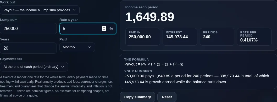Annuity calculator in payout mode, showing the regular income a lump sum provides over a fixed term and the total received