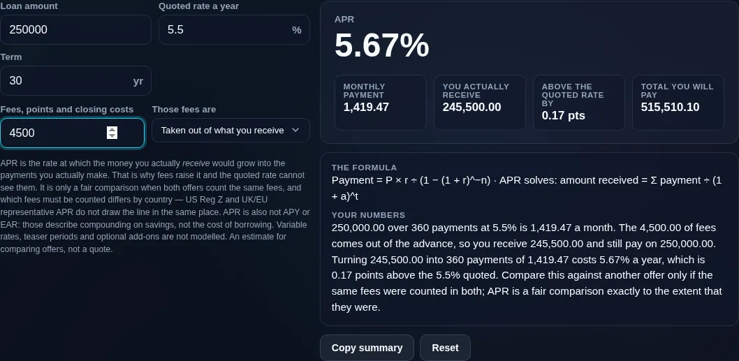 APR calculator on a 250,000 loan quoted at 5.5% with 4,500 of fees deducted from the advance, giving an APR of 5.67%