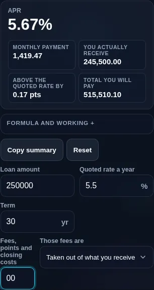 APR calculator running in a phone browser, with the offer inputs and the APR result stacked