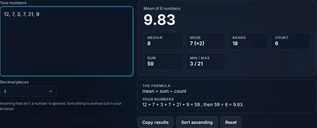 Average Calculator showing mean, median, and mode in the browser.