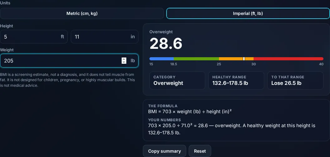 BMI result with the healthy-weight range for the height.