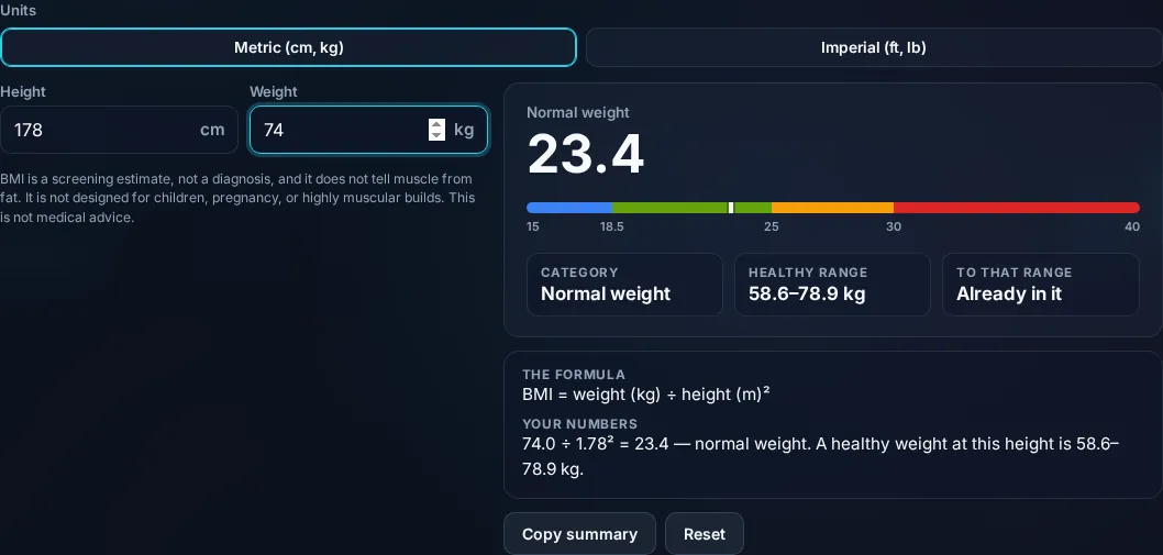 BMI Calculator showing Body Mass Index and category in the browser.