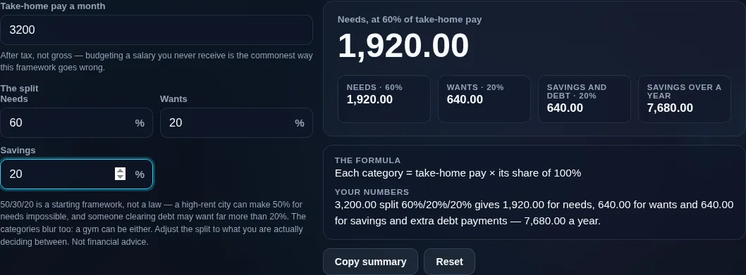 The same pay on a 60/20/20 split instead, moving 1,920.00 to needs and 640.00 to wants — the shares are fields, not a fixed rule
