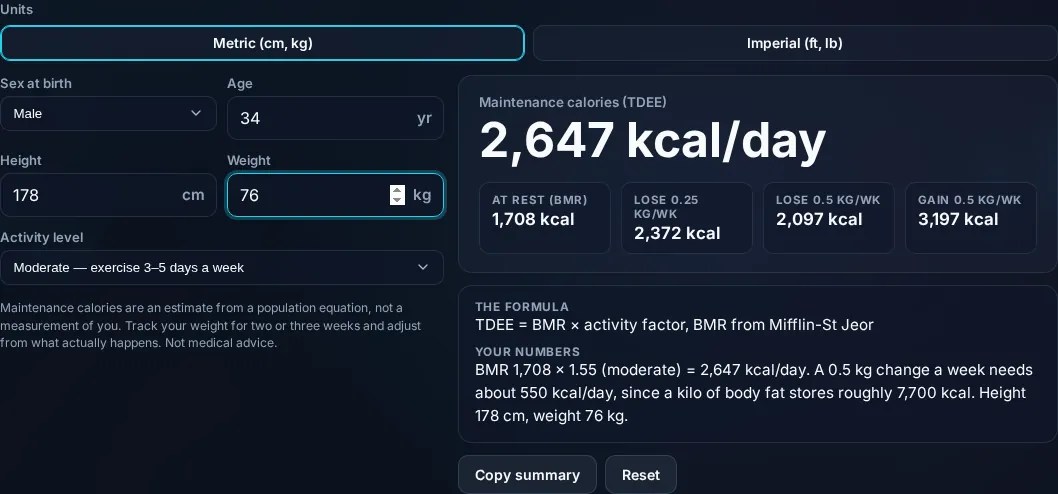 Calorie Calculator showing daily calorie needs in the browser.