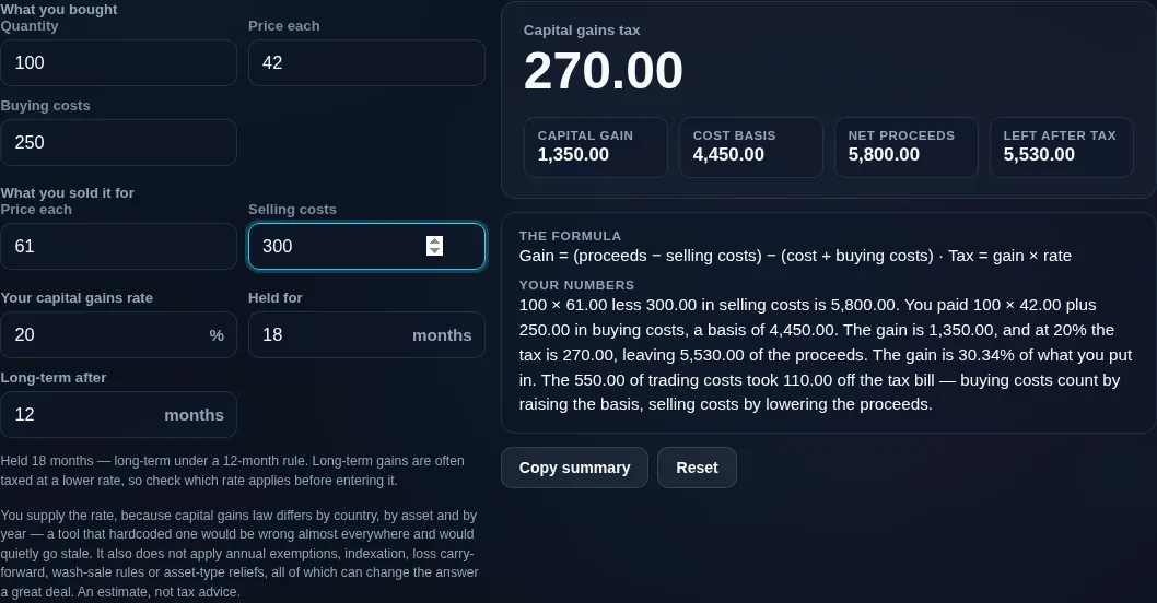 Capital gains tax calculator with buying fees raising the cost basis and selling fees lowering the proceeds, and the working pricing what the fees took off the bill