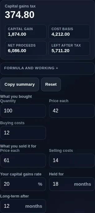 Capital gains tax calculator running in a phone browser with the price and cost fields paired