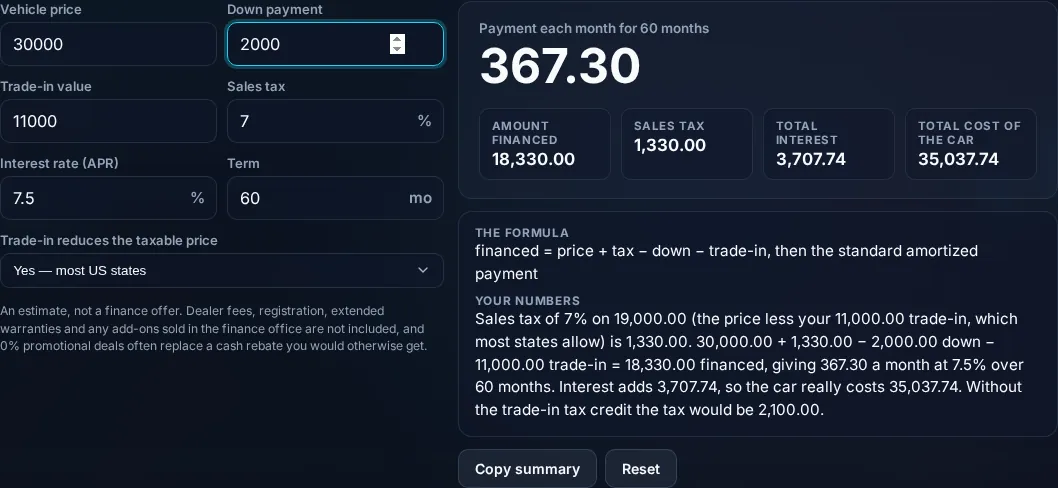 Car loan with down payment, trade-in, and tax.