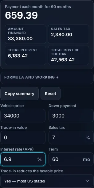 Calculating a car payment on a phone, no app installed.