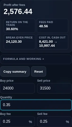 Crypto profit calculator running in a phone browser with the fee fields paired