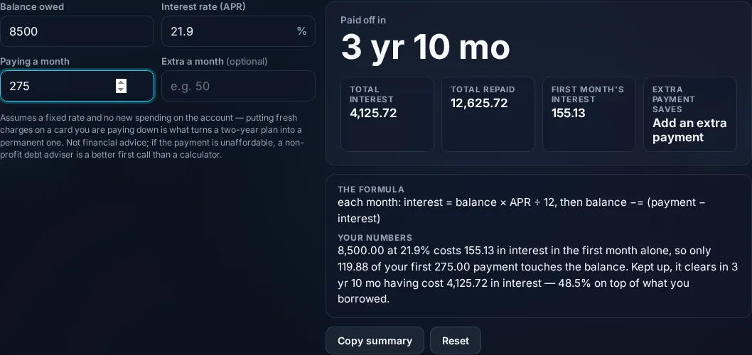 Debt Payoff Calculator showing payoff time and interest in the browser.