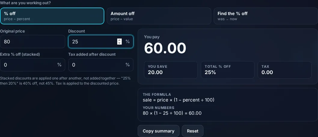 Discount Calculator showing the sale price and savings in the browser.