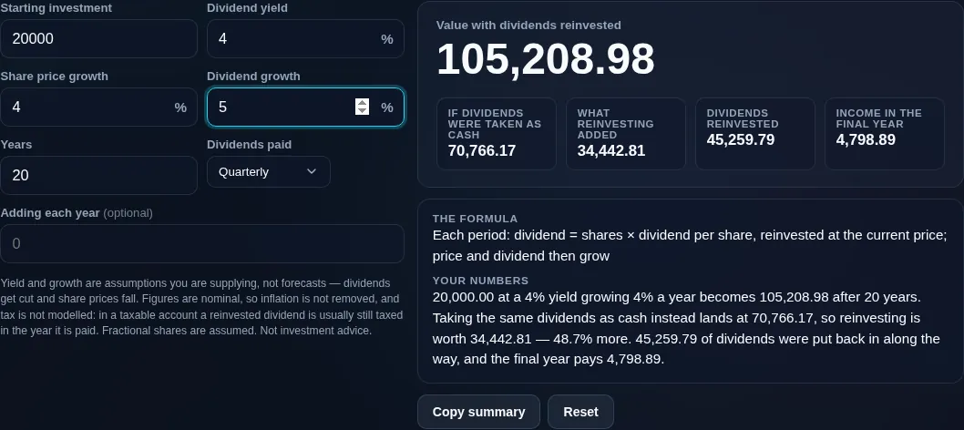 DRIP calculator comparing reinvesting dividends against banking them as cash on the same price and dividend path, so the gap is the decision and nothing else