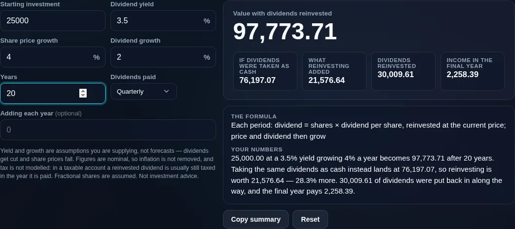 DRIP calculator projecting a reinvested holding, with the dividends reinvested shown separately from the growth of the shares themselves