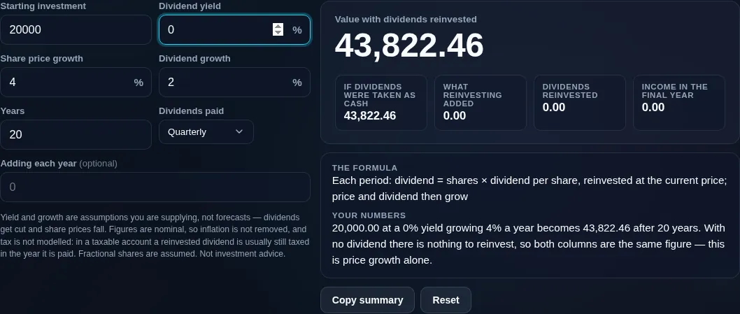 DRIP calculator on a zero-yield holding, where reinvesting and taking cash give the same result and the tool says so instead of printing a meaningless edge