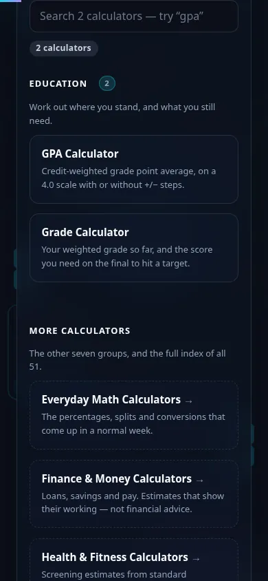 The Education calculators on a phone, the 2 cards stacked in a single column