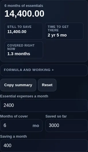 Emergency fund calculator running in a phone browser, with the expense inputs and the target stacked