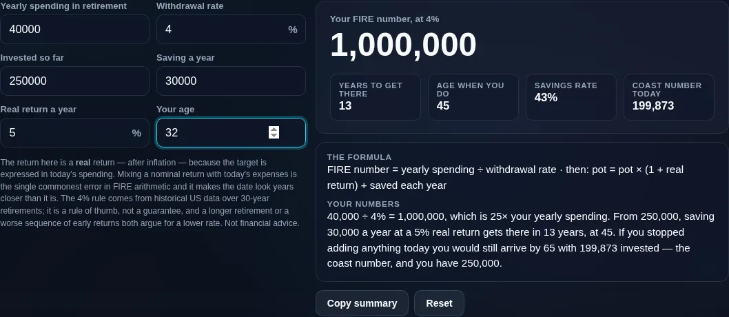 FIRE calculator showing the coast number, the amount that would already be enough to stop saving and still arrive on time
