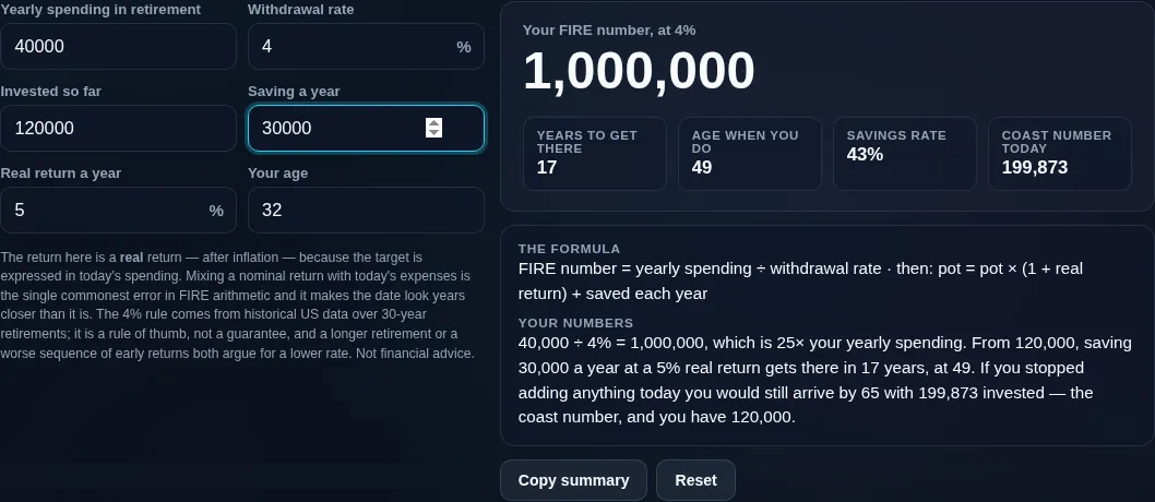 FIRE calculator showing the target as a multiple of yearly spending and the years of saving it takes to reach it