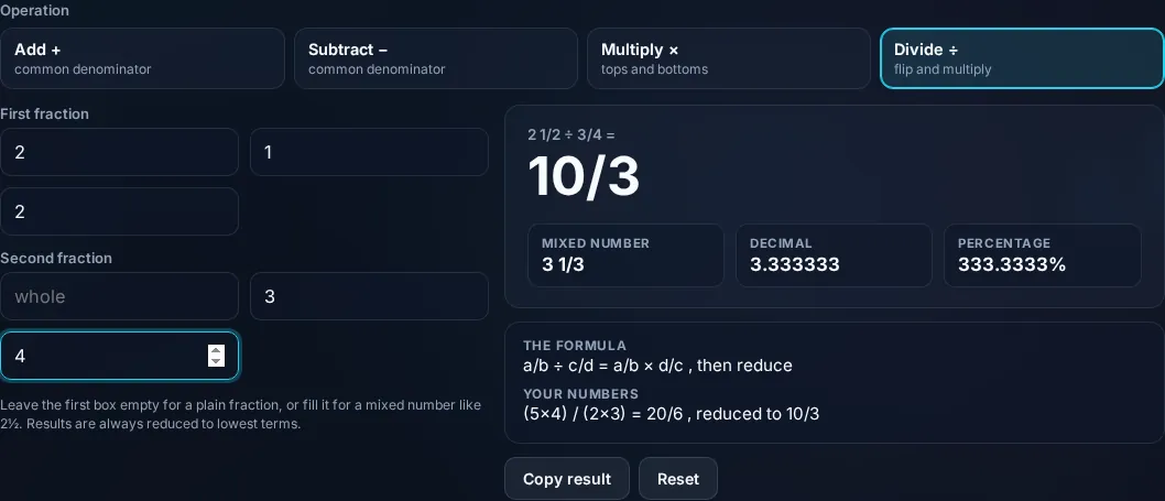 Fraction result as a simplified fraction, decimal, and mixed number.