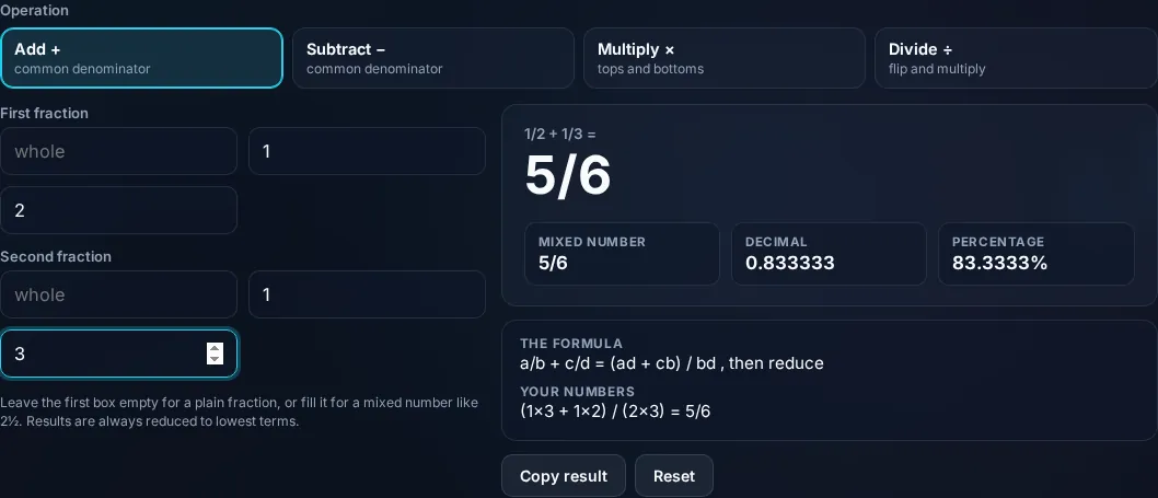 Fraction Calculator adding fractions with steps in the browser.