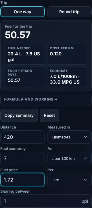 Calculating fuel cost on a phone, no app installed.