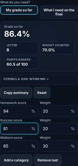 Calculating a grade on a phone, no app installed.