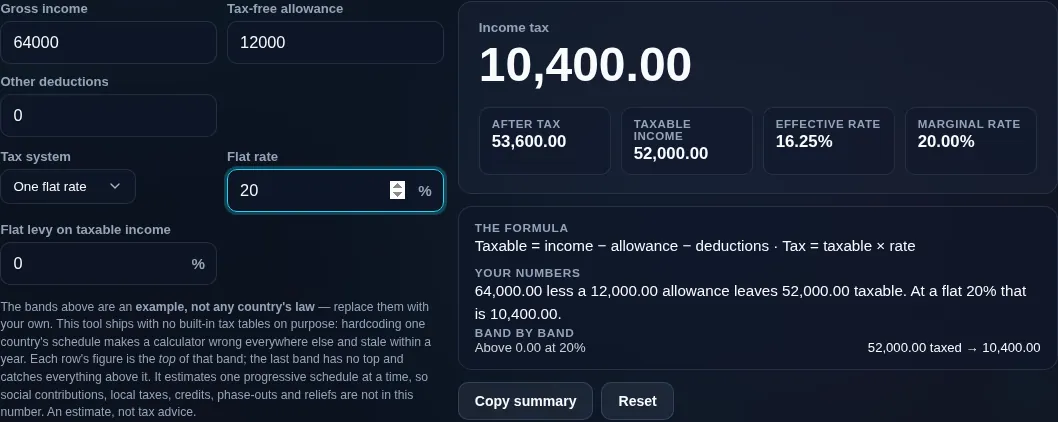 Income tax estimator in flat-rate mode, charging one rate on the whole taxable amount