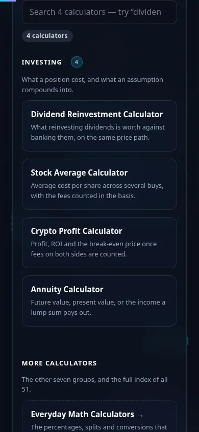 The Investing calculators on a phone, the 4 cards stacked in a single column