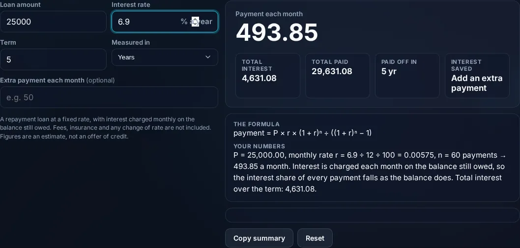 Loan Calculator showing the monthly payment and total interest in the browser.
