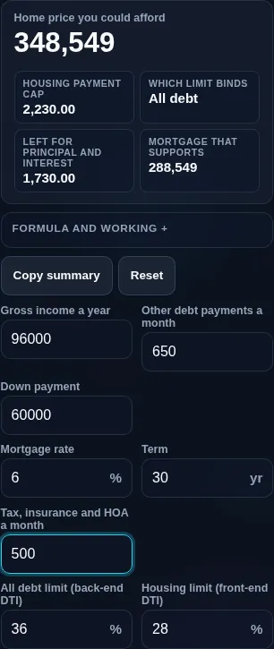 Mortgage affordability calculator running in a phone browser, with the income inputs and the price result stacked