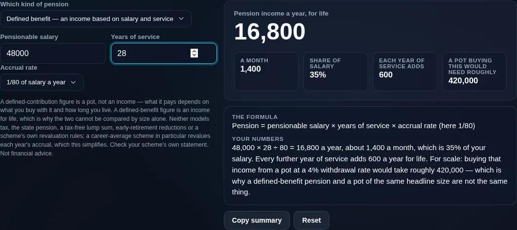 Pension calculator working out a defined-benefit pension from salary, years of service and the accrual rate — an income for life, not a pot
