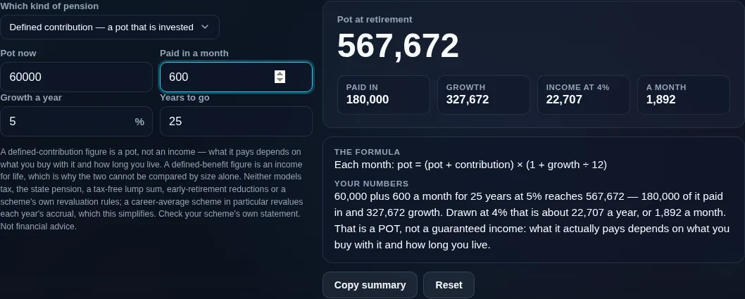 Pension calculator projecting a defined-contribution pot from monthly contributions, and showing the income that pot would yield rather than leaving the pot to be read as a salary
