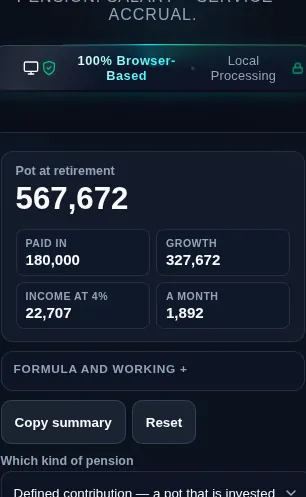 Pension calculator running in a phone browser with the scheme selector at the top