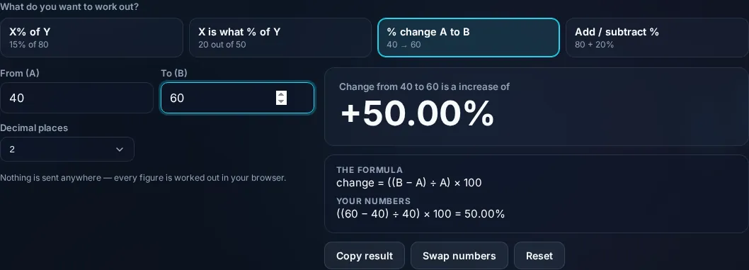 Percentage calculator modes for the common questions.