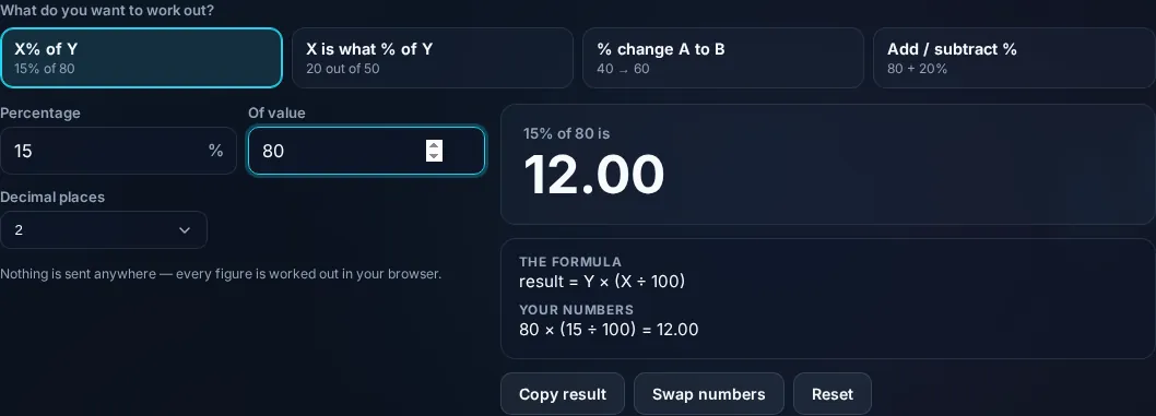 Percentage Calculator showing a result with the formula in the browser.
