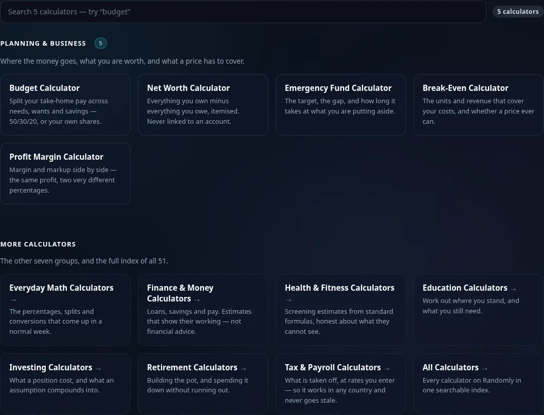 The Planning & Business calculator grid on Randomly in dark mode — 5 cards: Budget, Net Worth, Emergency Fund, Break-Even, Profit Margin