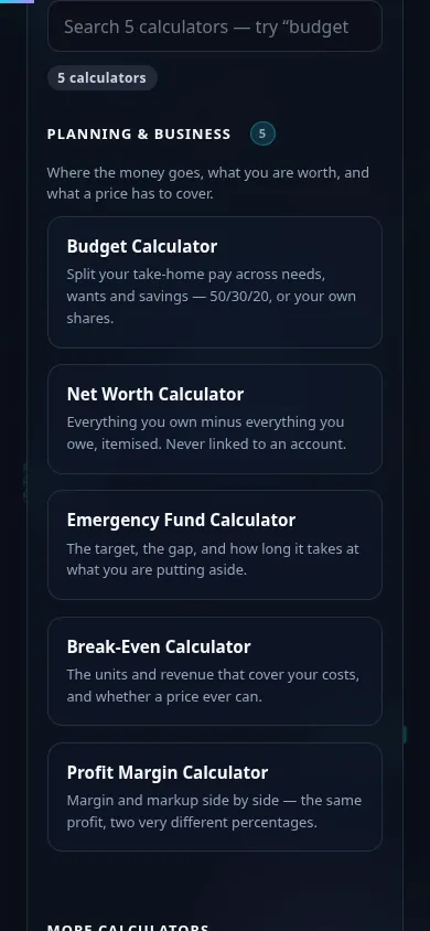 The Planning & Business calculators on a phone, the 5 cards stacked in a single column