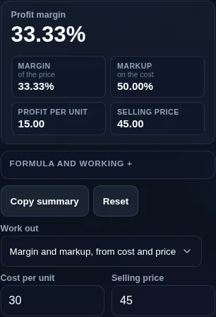 Profit margin calculator running in a phone browser, with the cost, price and margin cards stacked