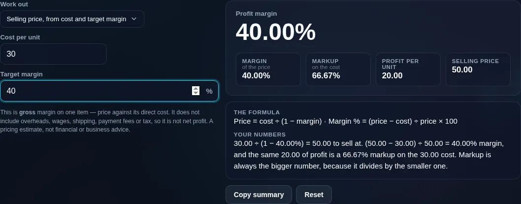 The same cost solved backwards from a 40% target margin, giving a 50.00 selling price and a 66.67% markup