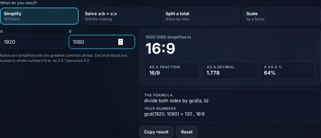 Ratio Calculator simplifying a ratio in the browser.