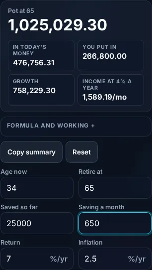 Projecting retirement savings on a phone, no app installed.