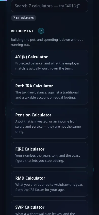 The Retirement calculators on a phone, the 7 cards stacked in a single column