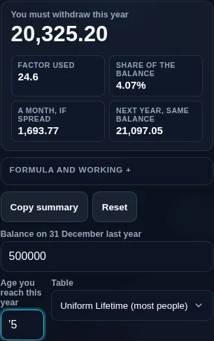 RMD calculator running in a phone browser with the factor override below the age