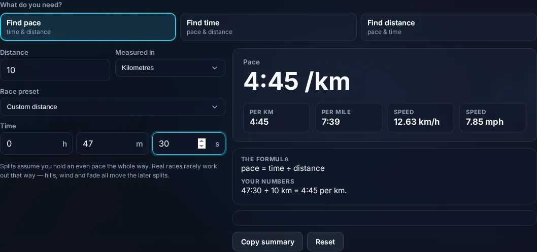 Running Pace Calculator solving pace, time, and distance in the browser.