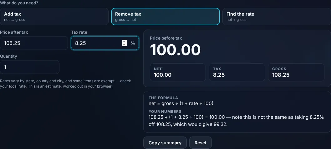 Reverse sales tax finding the pre-tax amount from a total.