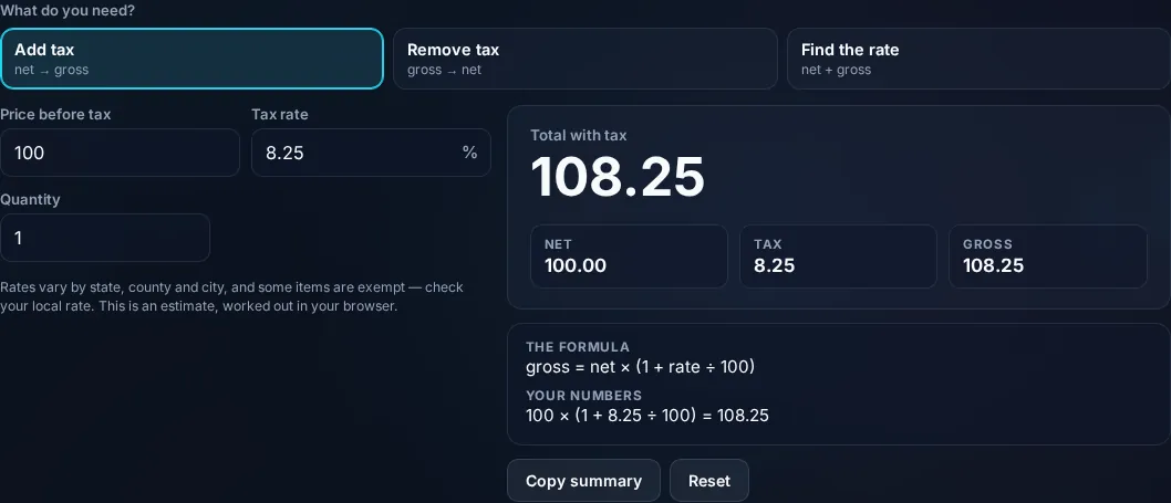 Sales Tax Calculator adding tax to a price in the browser.